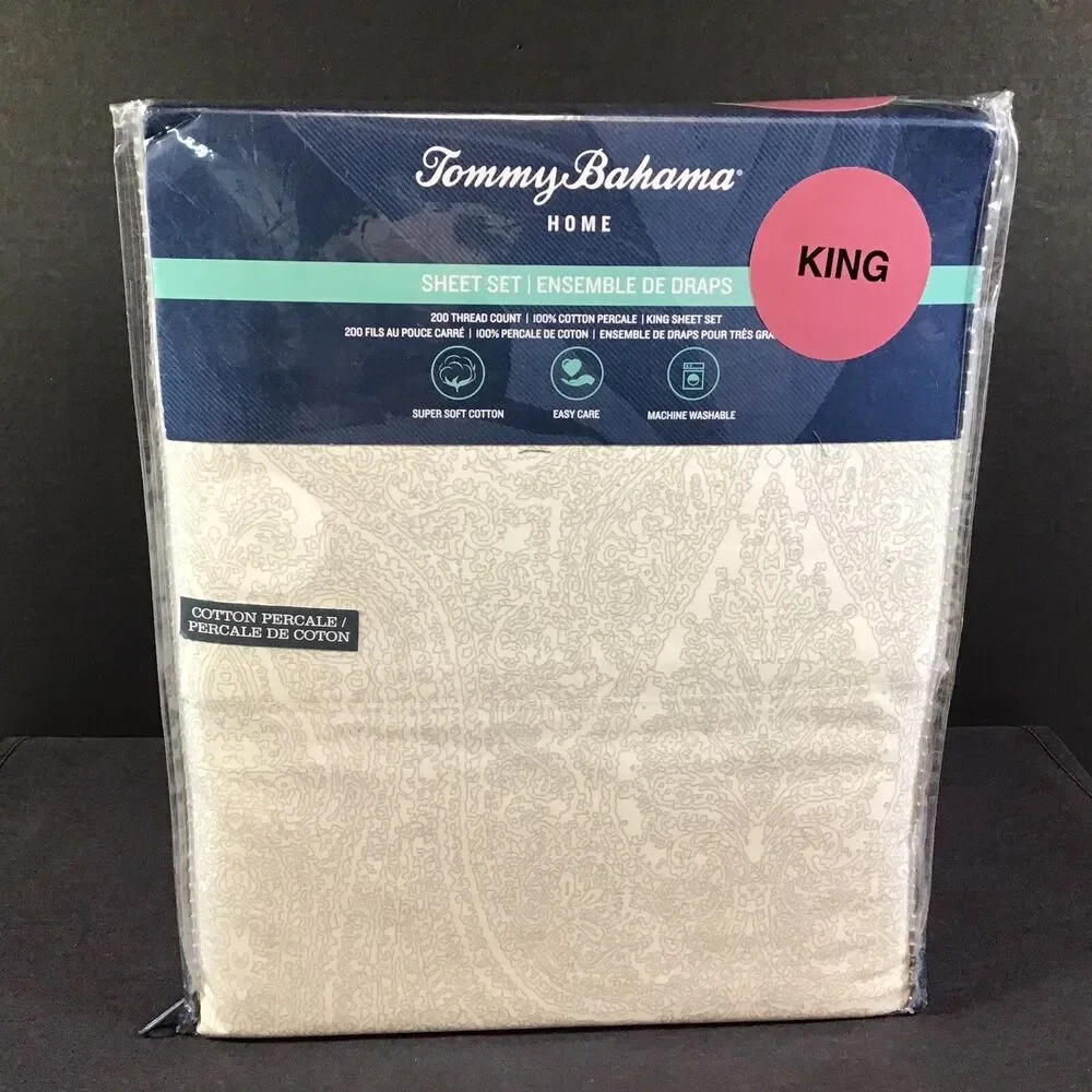 Tommy Bahama 100% Cotton Percale Breakwater Basin Grey King Sheet Set NEW